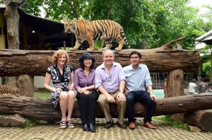Susan Lahey, far left at Tiger Kingdom in Thailand, Photo courtesy of Anawat Chullasewok