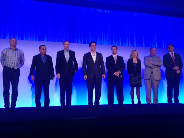Michael Dell and his senior management on stage at the Dell World press conference.