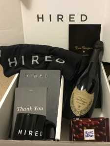 Hired's gift box to job candidates when they land their new job.  Courtesy photo. 