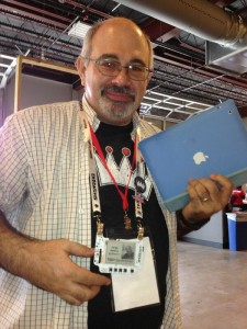 Jorge Amodio, a Geekdom member, shows off his DIY electronic TEDxSanAntonio name badge