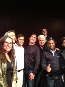 The crowd clamoring to get a picture with Mark Cuban and Bob Metcalfe at the end of Longhorn Startup Demo Day