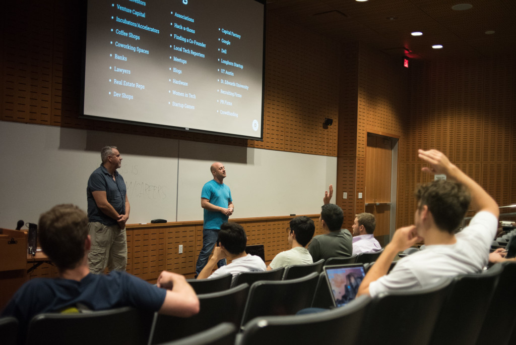Damon Clinkscales and Joshua Baer teaching Longhorn Startup seminar at the University of Texas at Austin.  Photo by Graham Dickie. 